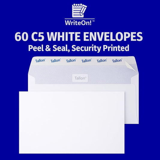 2 Pack C5 White Envelopes – 60 Total – Peel & Seal – Fits A4 Folded Once – 80gsm Security Print
