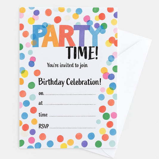 🎉 20 Birthday Invitations with Envelopes – Colourful “PARTY TIME!” Polka Dot Design – Fill-In Cards