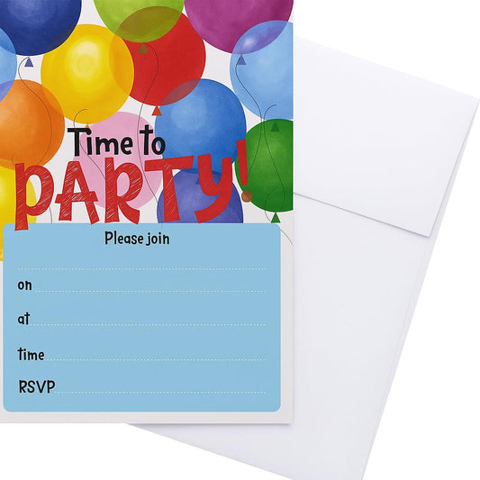🎉 40 Balloon-Themed Party Invitations with White Envelopes – “Time To PARTY” Design (19 × 13 cm)