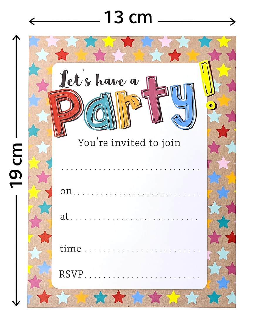 YLAB 20 Party Invitations with White Envelopes | Colourful Star Design | Birthday, Engagement, Kids & Adults Party Invites | Fill-in Style | 19 x 13 cm | Fun Celebration Invitations