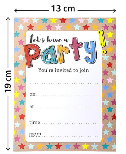 YLAB 20 Party Invitations with White Envelopes | Colourful Star Design | Birthday, Engagement, Kids & Adults Party Invites | Fill-in Style | 19 x 13 cm | Fun Celebration Invitations