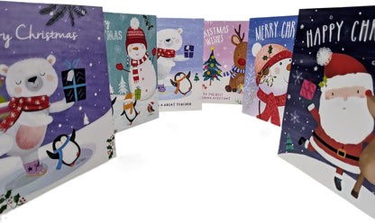 60 Mini Christmas Cards for Kids with Envelopes – 4 Cute Designs – Includes Teacher & Teaching Assistant Cards – Xmas Cards for School, Classmates & Friends – 9.5cm