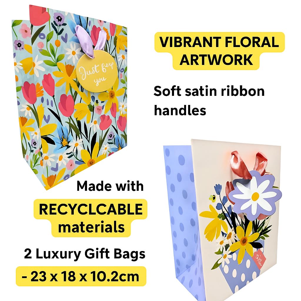 Set of 2 Luxury Floral Gift Bags – Medium 23 x 18 x 10.2cm – Elegant Spring Designs with Ribbon Handles – Reusable Gift Bags for Easter, Mother’s Day, Birthdays & Special Occasions