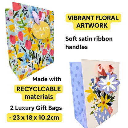 Set of 2 Luxury Floral Gift Bags – Medium 23 x 18 x 10.2cm – Elegant Spring Designs with Ribbon Handles – Reusable Gift Bags for Easter, Mother’s Day, Birthdays & Special Occasions