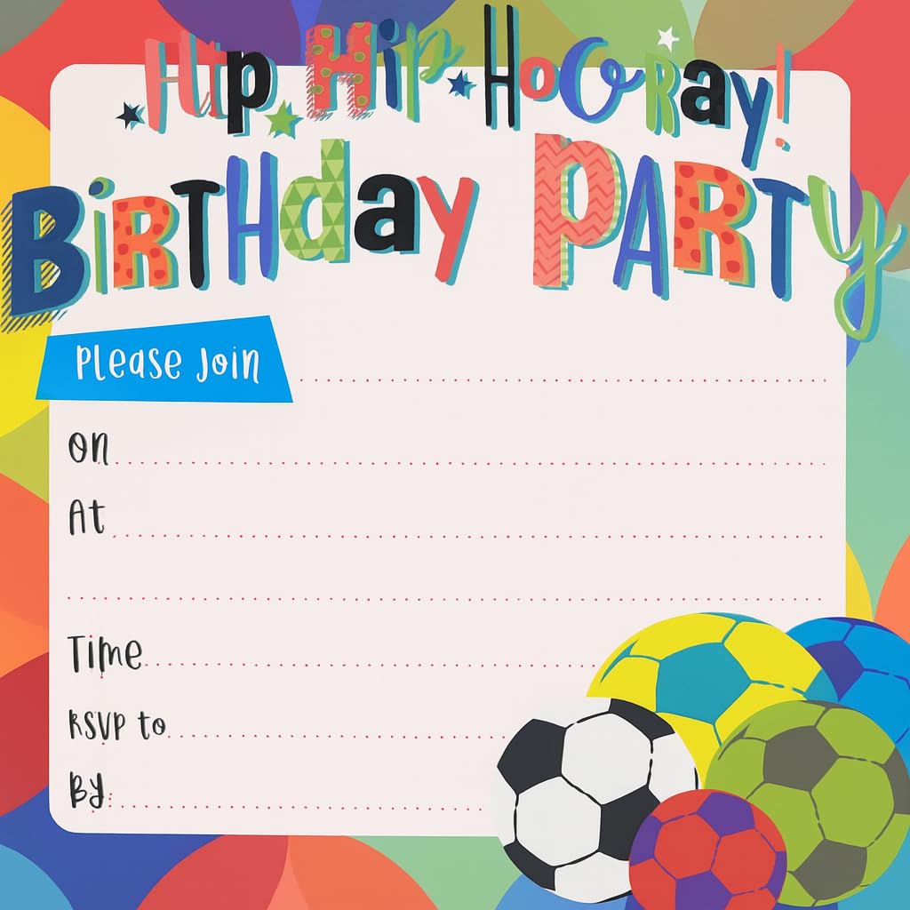 YLAB 12 Football Party Invitations with Envelopes – Colourful Birthday Invites for Boys & Girls – Football-Themed Party Supplies – Kids’ Birthday Party Invitations