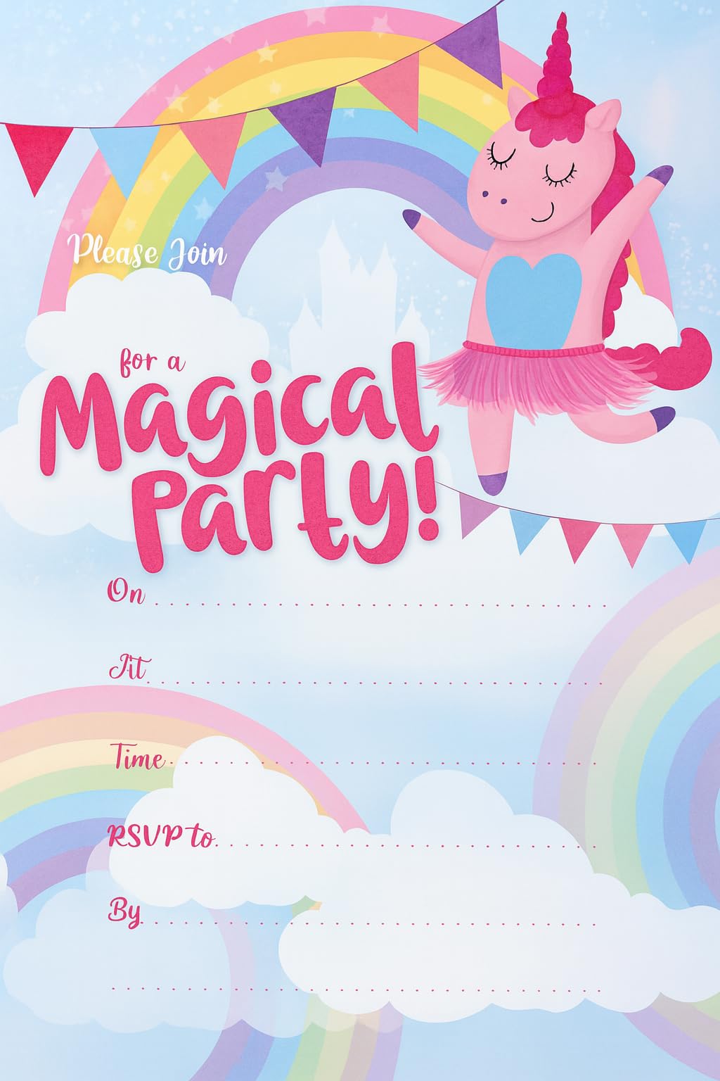 🦄 40 Unicorn Birthday Party Invitations with Pink Envelopes – “Magical Party” Fill-In Cards (19 × 13.5 cm)