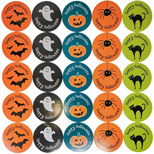 200 Halloween Stickers – 4cm Round – 8 Sheets – Ghost, Pumpkin, Bat, Spider & Black Cat Designs – Halloween Crafts, Party Favours & Trick or Treat Supplies