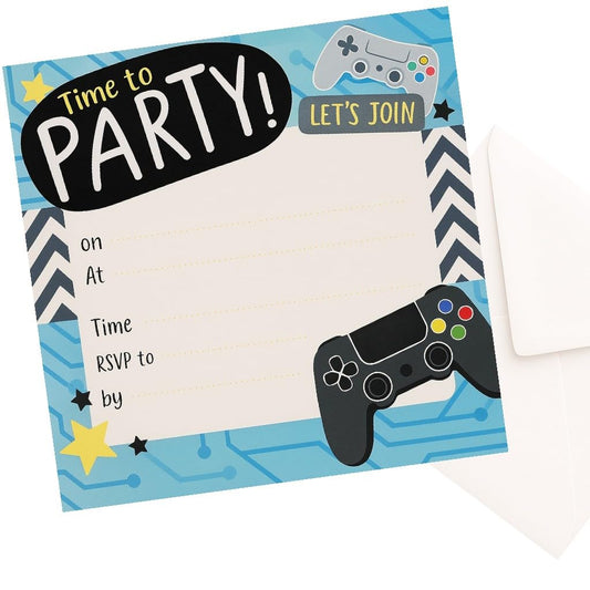 🎮 36 Gaming Party Invitations with Envelopes – Video Game Theme Birthday Invites – 13.5cm Square