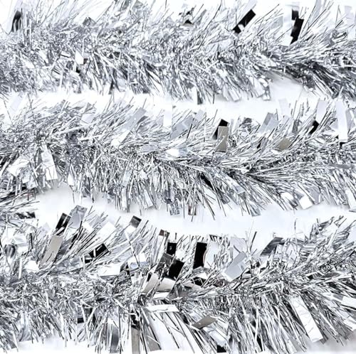 6 Silver Tinsel Strands – Extra-Thick 10 cm, 2 m Each (Total 12 m) – Reflective Christmas Garland for Trees, Stairs & Décor