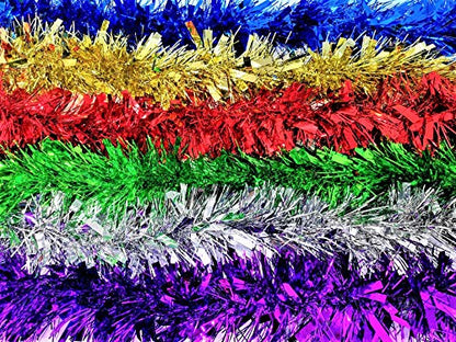 Christmas Tinsel Decoration – 6 x 2m Strands – Multi-Coloured (Red, Blue, Green, Silver, Gold, Purple) – Thick 10cm Tinsel Garland for Tree, Home, Party & Indoor Use