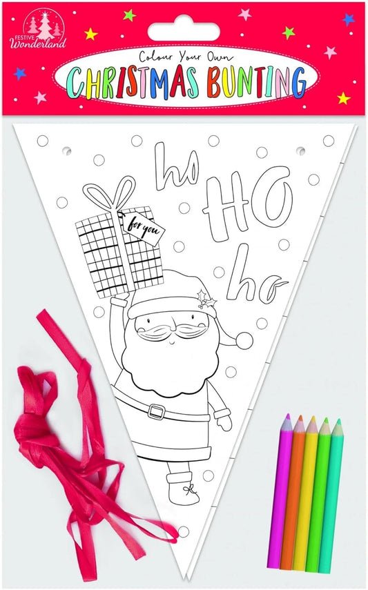 2× Colour Your Own Christmas Banner Bunting – 8 Flags per Banner with 5 Colouring Pencils – Kids’ Festive Craft Activity