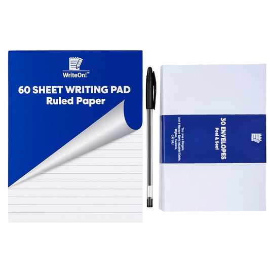 Letter Writing Set – 60-Page Notebook, 30 Peel & Seal Envelopes & Black Ink Pen – Writing Kit for Personal Letters & Stationery