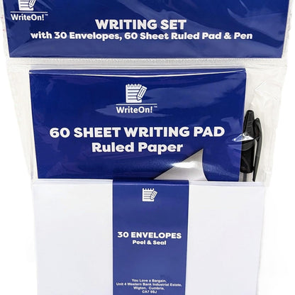 Letter Writing Set – 60-Page Notebook, 30 Peel & Seal Envelopes & Black Ink Pen – Writing Kit for Personal Letters & Stationery
