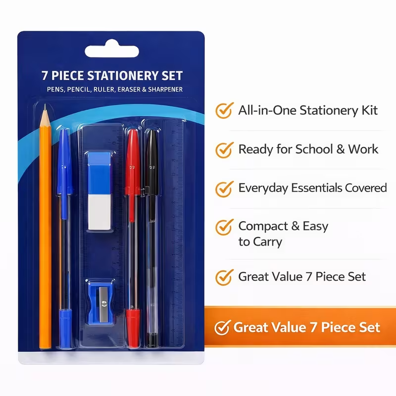 7 piece stationery set with pens pencil ruler eraser and sharpener for school and work