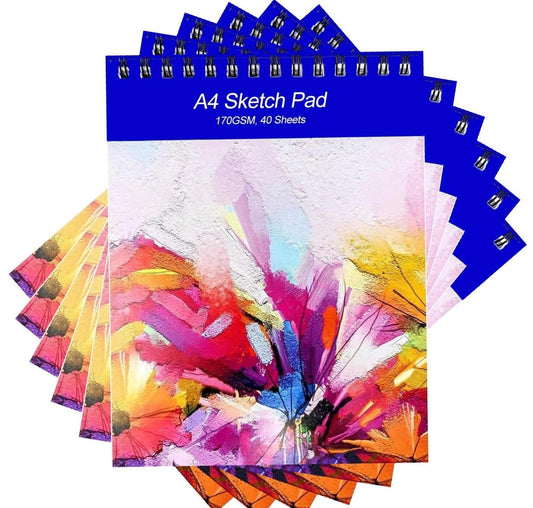 (6 Pack) Luxury A4 Sketch Pad - 40 Sheets - 170 GSM White Paper - Ring Bound - Perfect for Artists and Drawing