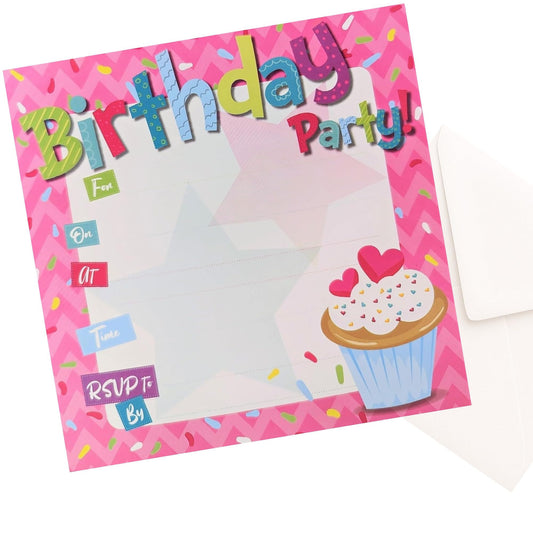 36 Cupcake Birthday Invitations for Girls – Pink Party Invites with White Envelopes – Fill-In Style Cards