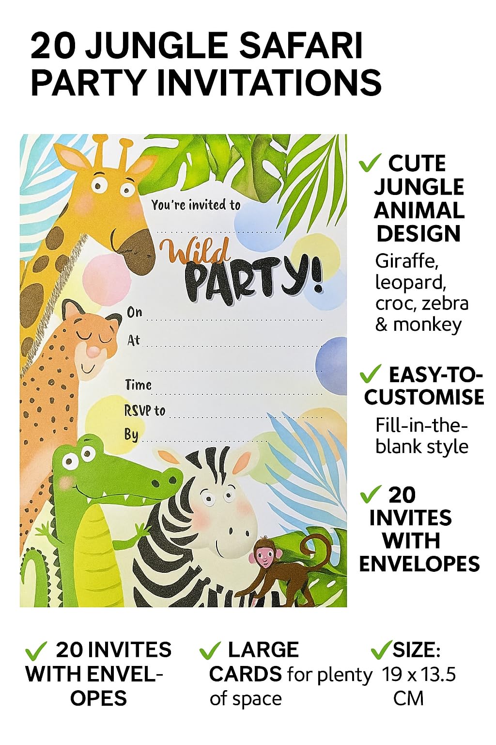 YLAB - 20 Jungle Safari Party Invitations – Kids Birthday Invites with Orange Envelopes – Animal Themed Party