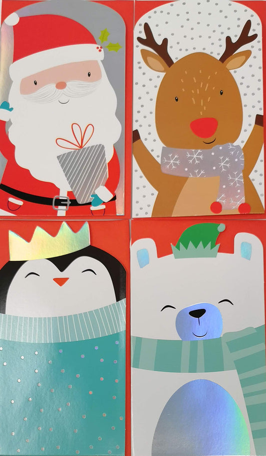4 Christmas Money Wallets for Kids – Santa, Reindeer, Penguin & Polar Bear with Red Envelopes (16 × 9 cm)