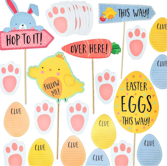 YLAB Easter Egg Hunt Kit – Signs, Bunny Footprints & Clue Cards | 5 Easter-Themed Signs with Stakes, 20 Bunny Footprint Cutouts & 10 Clue Cards | Fun Easter Activity for Kids & Families