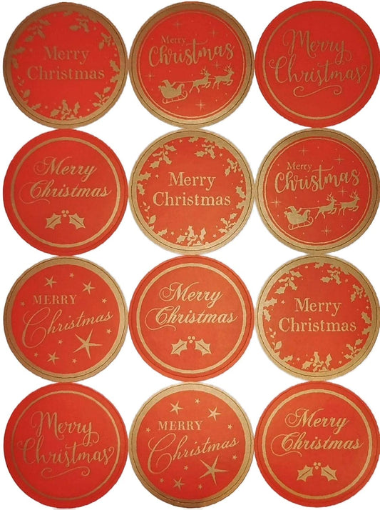 500x Red & Gold Foil Merry Christmas Stickers - 4cm Round