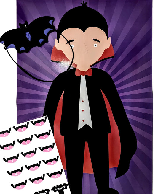 🧛 Pin the Fangs on the Vampire – Halloween Party Game for Kids – Poster, Blindfold & Stickers (15 Players)