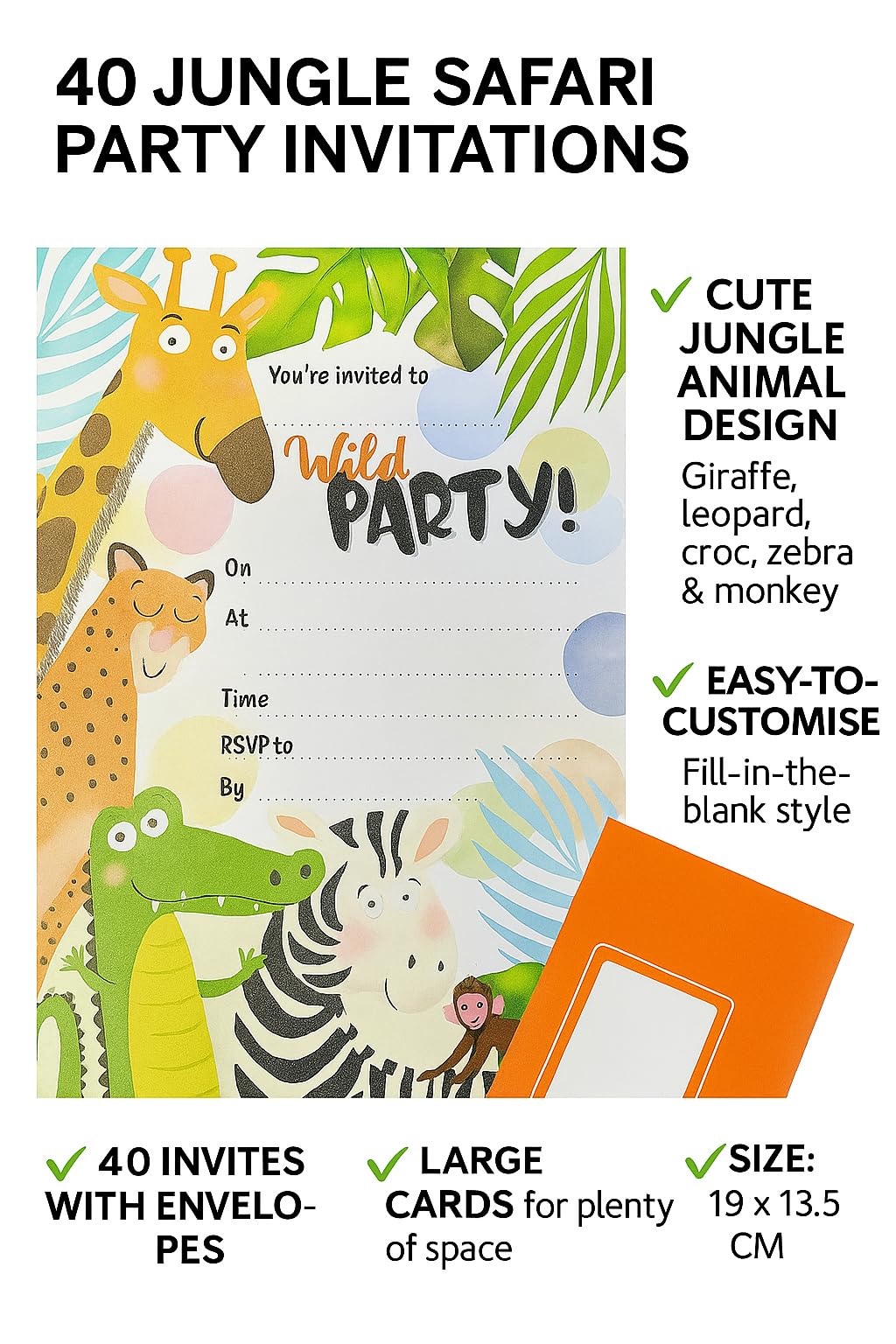 🦓 40 Jungle Safari Party Invitations – Kids’ Birthday Invites with Envelopes – Safari Animal Theme