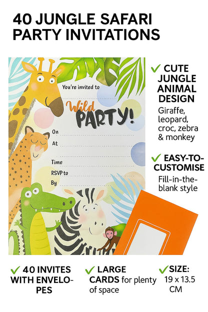 🦓 40 Jungle Safari Party Invitations – Kids’ Birthday Invites with Envelopes – Safari Animal Theme