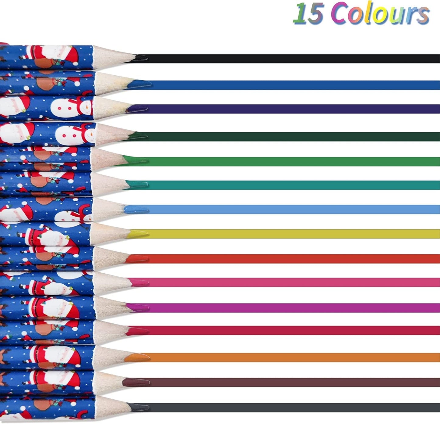 15 Christmas Colouring Pencils – Festive Santa, Snowman & Reindeer Designs for Kids