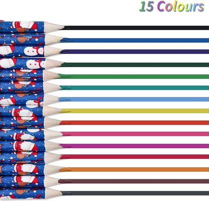 15 Christmas Colouring Pencils – Festive Santa, Snowman & Reindeer Designs for Kids