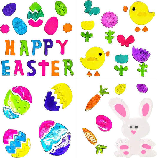 Easter Gel Window Stickers – 4 Sheets of Reusable Decorations | Easter Bunny, Chick, Eggs & Flowers | Easy to Apply & Remove | Festive Home Decor