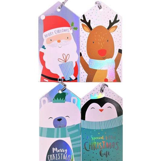 20 Christmas Luxury Gift Tags with Silver String – Festive Designs with Santa, Reindeer, Penguin & Polar Bear – Shiny Foil Detail – Blank Back for Message – 11.5 x 6.2cm