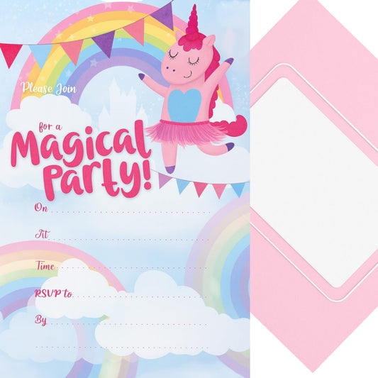 🦄 40 Unicorn Birthday Party Invitations with Pink Envelopes – “Magical Party” Fill-In Cards (19 × 13.5 cm)