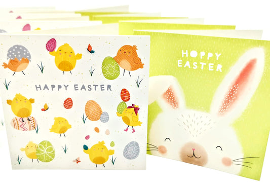 Set of 8 Easter Cards with Envelopes – Cute Happy Easter Greeting Cards – Two Adorable Designs with Bunny & Chicks – 12x12cm – Premium Quality 210 GSM – Perfect for Kids & Adults
