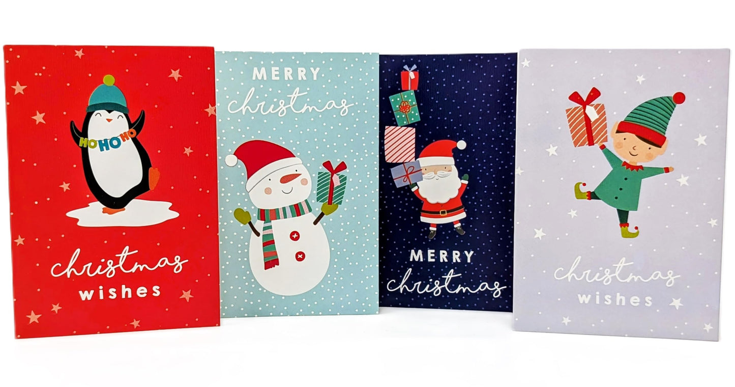 32 Mini Christmas Cards for Kids – 4 Cute Designs – Small Xmas Cards with Envelopes – School Christmas Cards for Boys & Girls – Santa, Snowman, Penguin & Elf – 8.5 x 6 cm