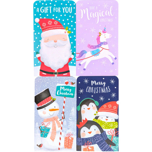4-Pack Kids Christmas Money Wallets with Glitter Designs & Red Envelopes – Santa, Unicorn, Snowman & Penguins – 16 x 9 cm – Holds Cash, Gift Cards & Vouchers