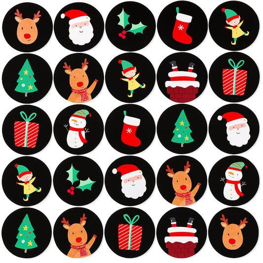500 Christmas Stickers – 4cm Round Festive Designs on Black Background – Santa, Reindeer, Snowman, Elf, Present – Kids Crafts, Card Making, Packaging, Scrapbooking, Gift Bags, Small Business Use