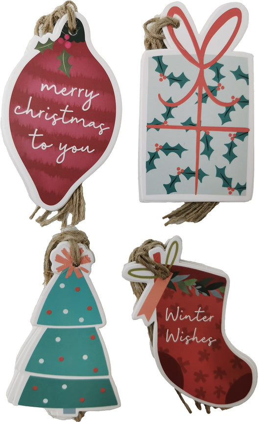 20 Luxury Gift Tags for Christmas – Festive Shapes with String – Tree, Bauble, Stocking & Present – Recyclable Card & Eco Packaging – Blank Back for Writing – Xmas Present Labels for Gift Wrapping