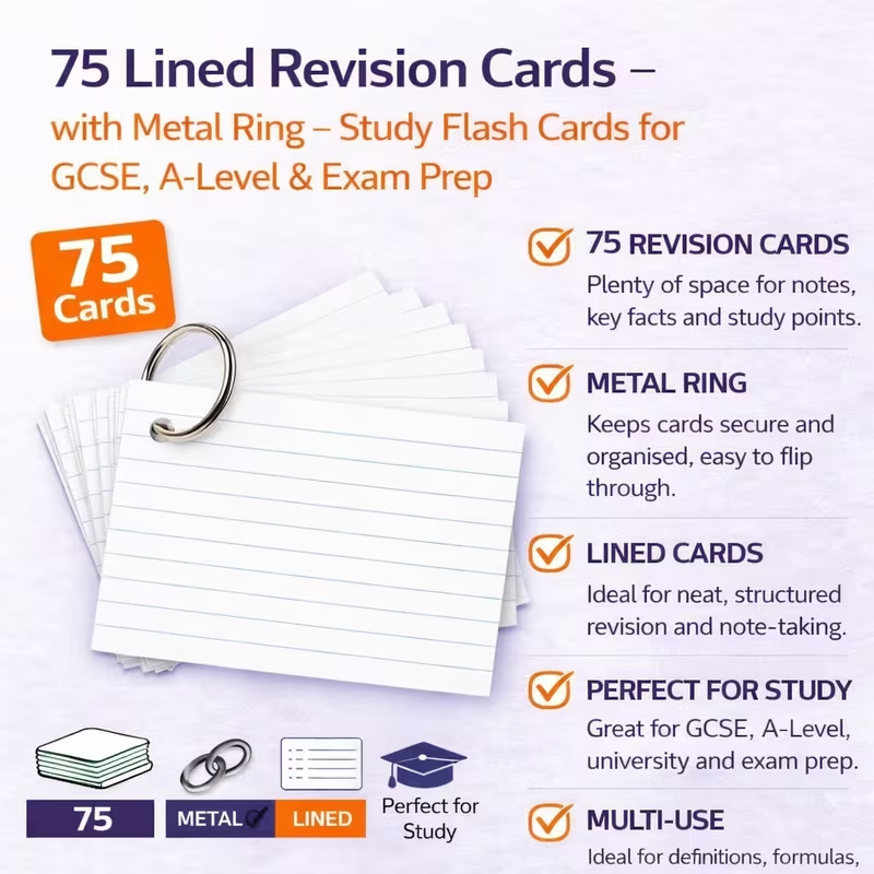75 lined revision cards with metal ring study flash cards for GCSE A-Level and exam prep