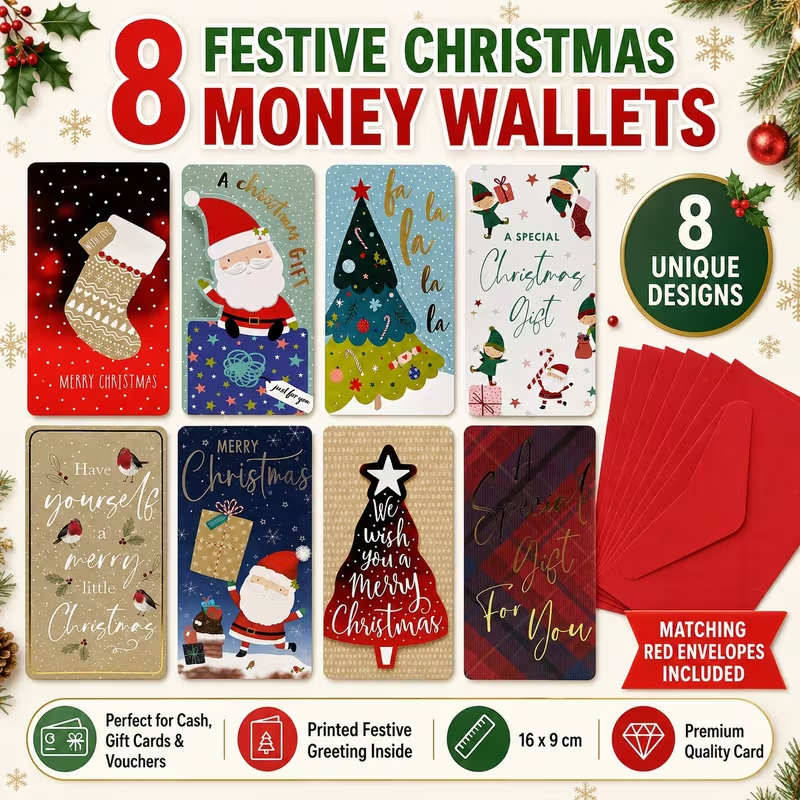 8 festive Christmas money wallets with unique designs and matching red envelopes