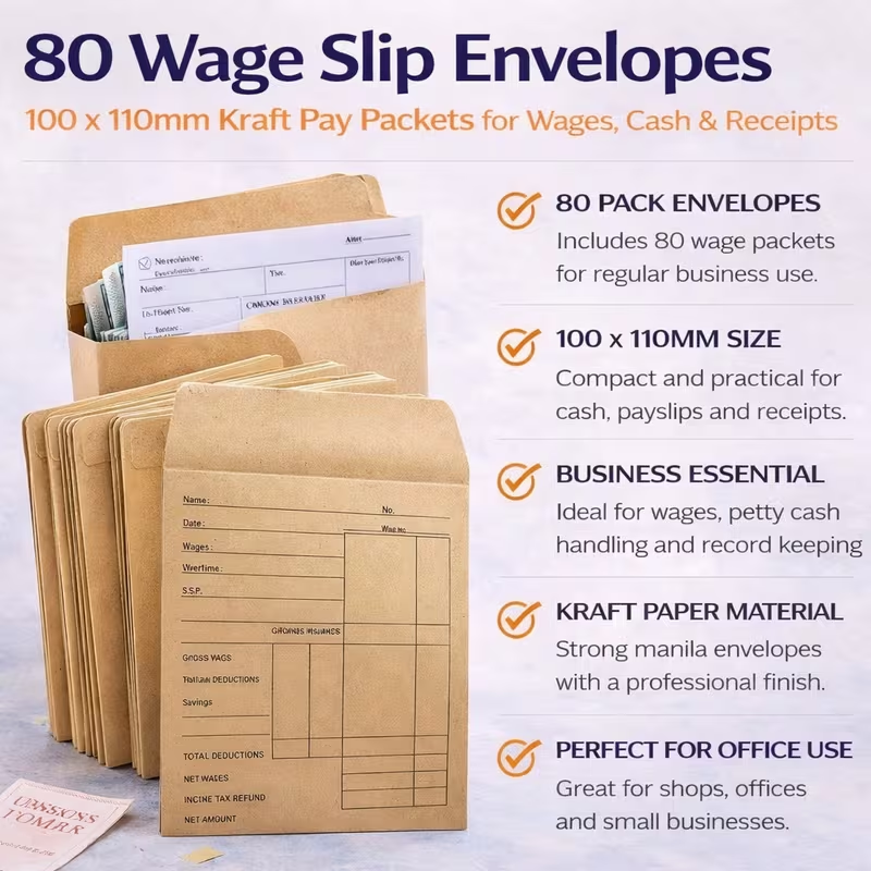 80 wage slip envelopes 100 x 110mm kraft pay packets for wages cash and receipts