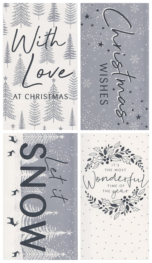 4 Silver Christmas Money Wallets with Envelopes – Pack of 4 Festive Gift Card Holders – Sleek & Elegant Designs – Holds Cash, Vouchers or Gift Cards – 16 x 9cm – Includes Envelopes