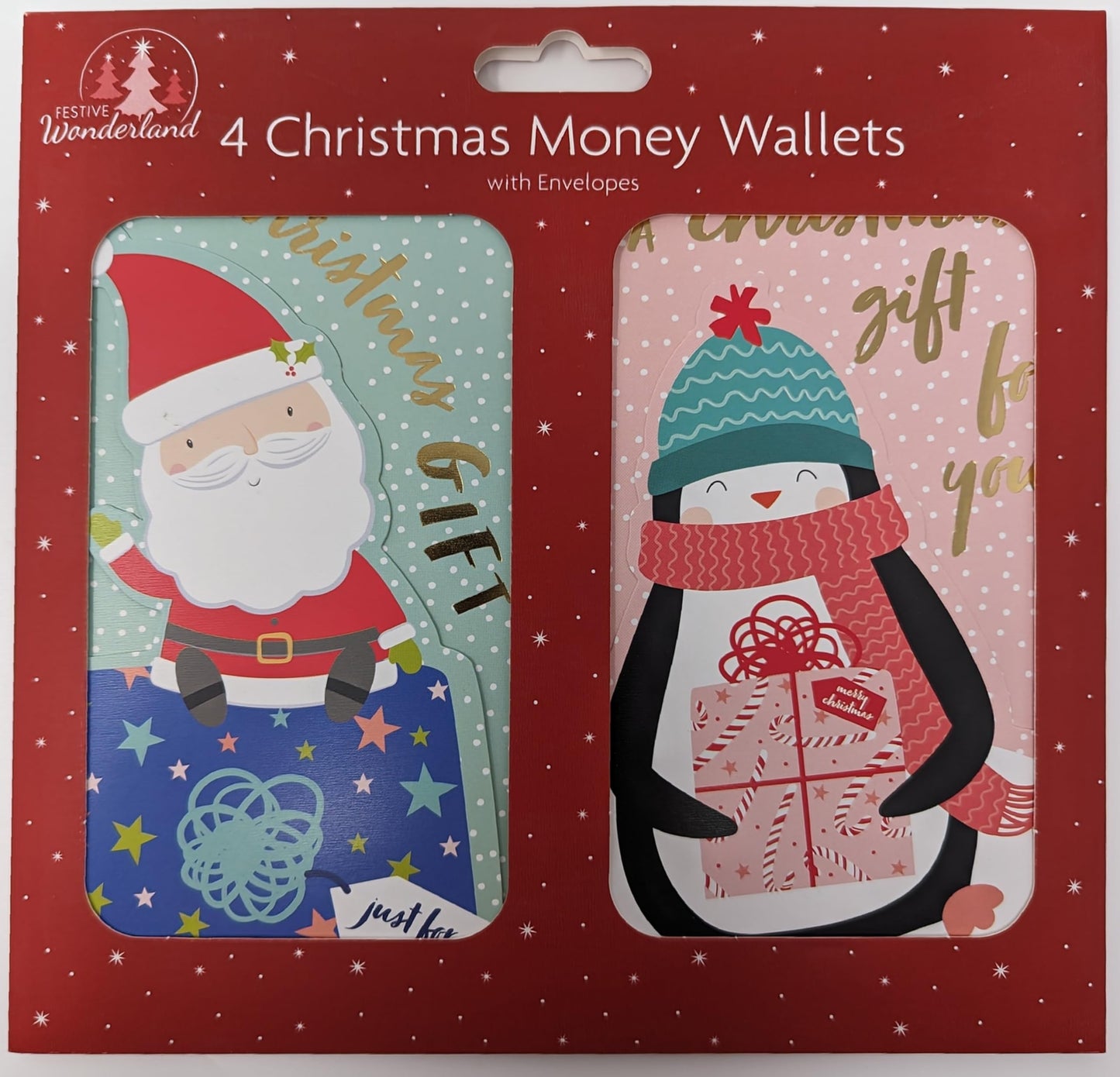 4-Pack Kids Christmas Money Wallets with White Envelopes – Gold Foil Santa, Reindeer, Penguin & Christmas Tree Designs – 16 x 9 cm
