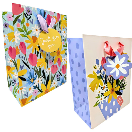 Set of 2 Luxury Floral Gift Bags – Medium 23 x 18 x 10.2cm – Elegant Spring Designs with Ribbon Handles – Reusable Gift Bags for Easter, Mother’s Day, Birthdays & Special Occasions