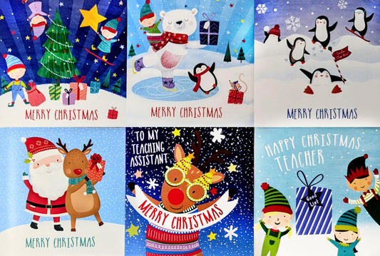 30 Mini Christmas Cards with Envelopes – Kids School Exchange Set – Fun Festive Designs Including Teacher & Teaching Assistant Cards – 7.7cm Square