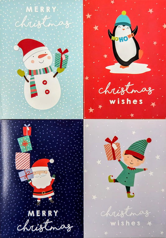 32 Mini Christmas Cards for Kids – 4 Cute Designs – Small Xmas Cards with Envelopes – School Christmas Cards for Boys & Girls – Santa, Snowman, Penguin & Elf – 8.5 x 6 cm
