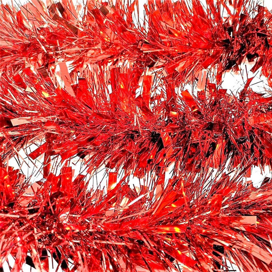 6 Red Christmas Tinsel Strands – 2m Each (Total 12m) – Extra Thick 10cm Festive Garland – Vibrant Metallic Red