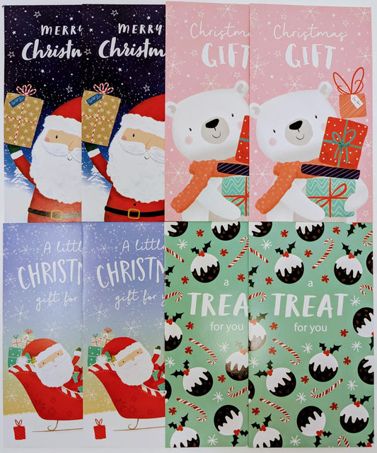 8 Christmas Money Envelopes – Gift Card & Cash Holders – Festive Designs – for Kids, Boys, Girls – Santa, Polar Bear, Sleigh – 16 x 9 cm – Includes “to/from” Message Space