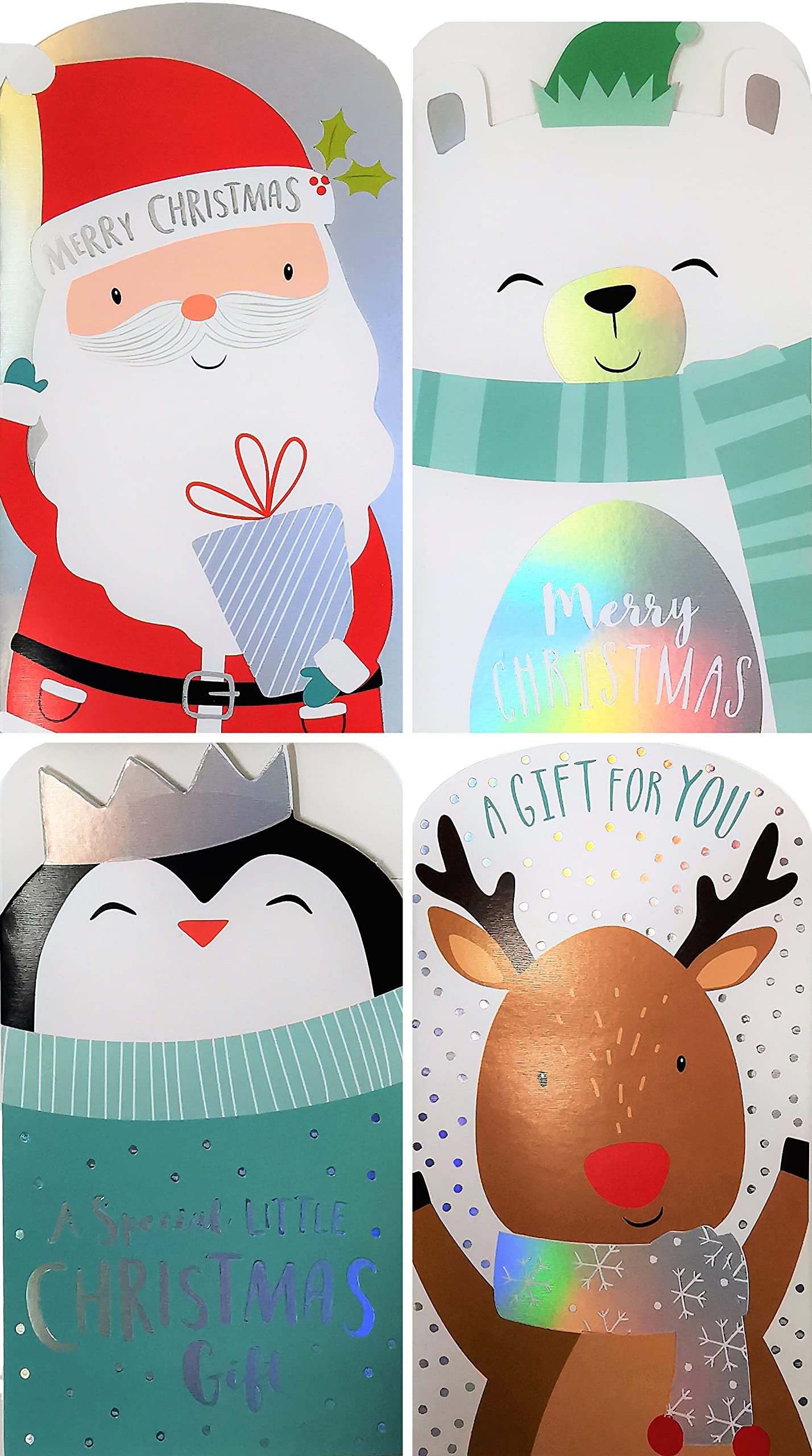 4 Kids Christmas Money Wallets with White Envelopes – Santa, Reindeer, Penguin & Polar Bear – Holds Cash, Gift Cards & Vouchers – 16 x 9 cm