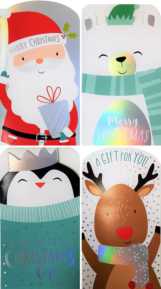 4 Kids Christmas Money Wallets with White Envelopes – Santa, Reindeer, Penguin & Polar Bear – Holds Cash, Gift Cards & Vouchers – 16 x 9 cm