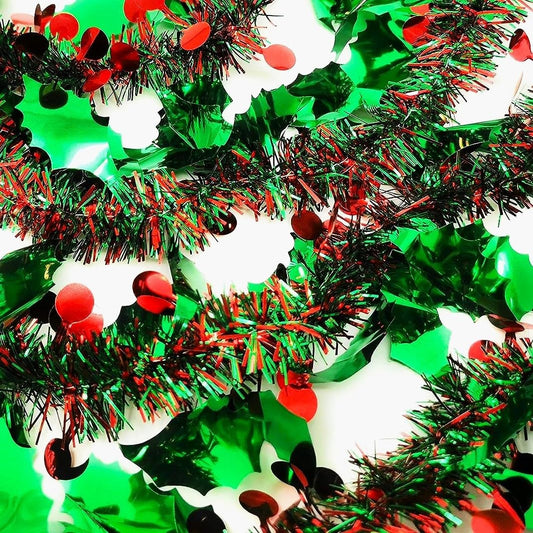 3 Strands Holly Berry Christmas Tinsel – 2m Each – 13cm Thick – Festive Green & Red Decoration